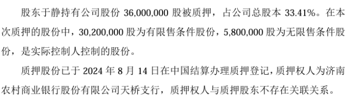 中移能股东于静质押3600万股 用于借款不朽情缘官方网站